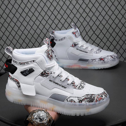 Men's Shoes Popcorn Soft Sole Comfortable High Top Flat Small White